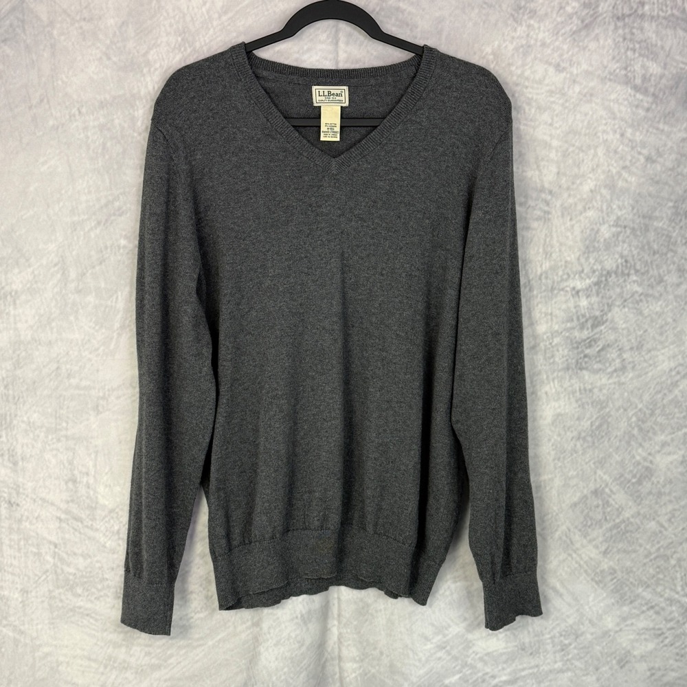 LL Bean Men's V-Neck Sweater sz‎ M Gray Cotton Cashmere Heritage Preppy Grandpa